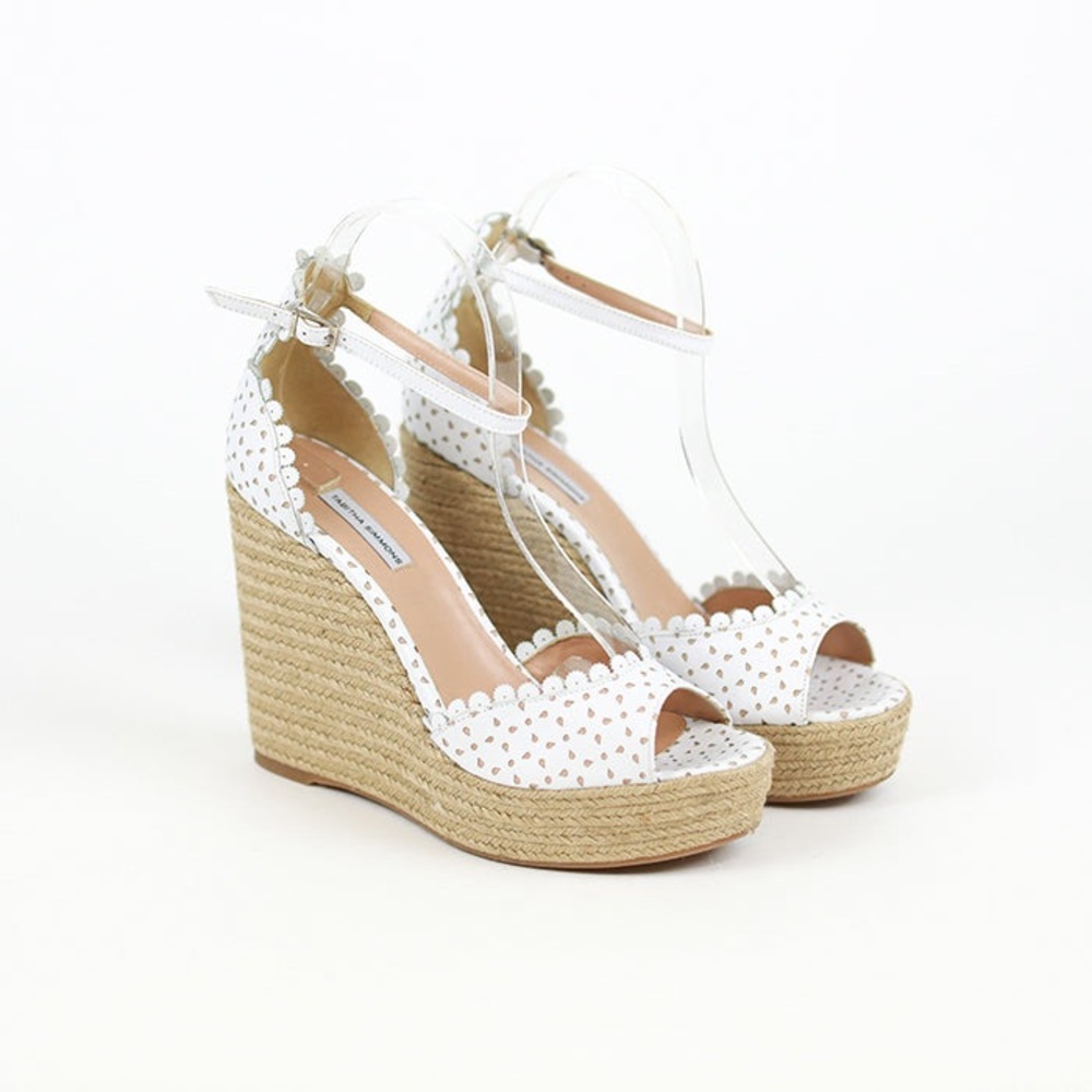 Tabitha Simmons White and Tan Wedge Sandals